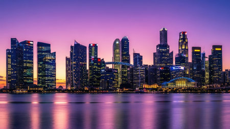 Singapore skyline at sunset. Singapore is the world's largest financial center and a major commercial centre.の素材