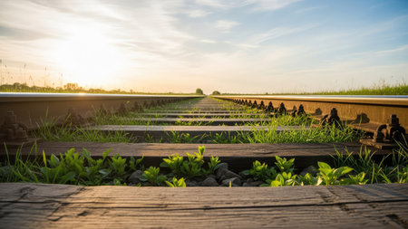 Railway track in the countryside at sunset time with grass and blue skyの素材