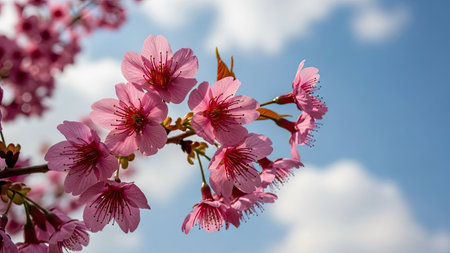 Wild Himalayan Cherry ( Prunus cerasoides) with blue skyの素材