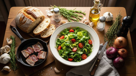 Fresh salad with bacon and vegetables in a pan on a wooden tableの素材
