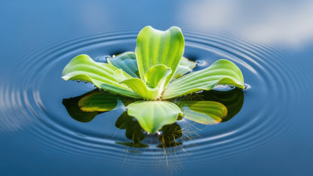 Close up view of a small green leaf floating on the water surfaceの素材
