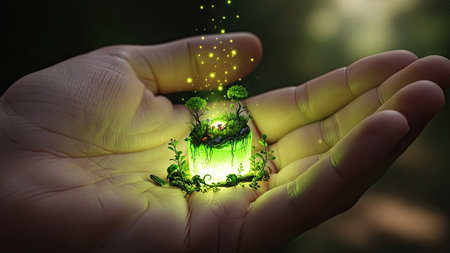 Human hand holding a glowing green plant in the palm of your handの素材