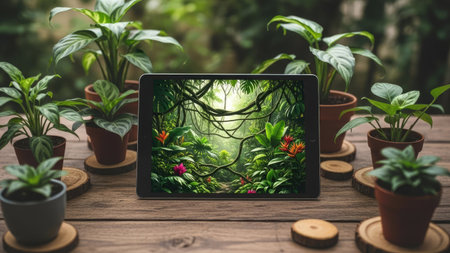 Tablet pc with green screen on a wooden table surrounded by plantsの素材