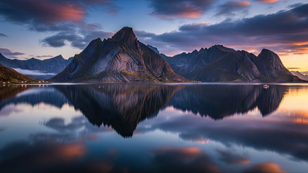 Beautiful sunset over the Lofoten islands, Norway.の素材