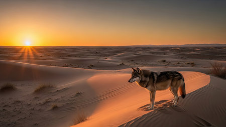 Alaskan Malamute (Canis lupus) in the desert at sunsetの素材