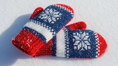 Red and blue knitted mittens on white snow. Winter background.の素材