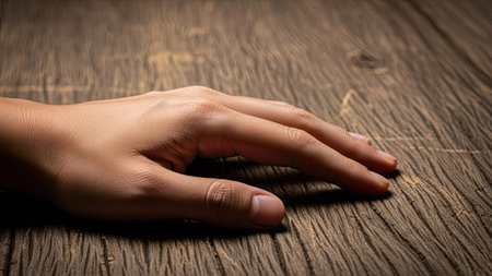 Woman hand on wood background, closeup of photo with selective focusの素材