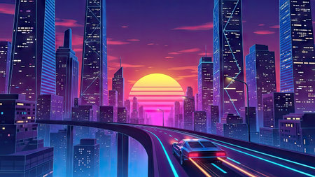 Night city landscape with high-rise buildings and road. Vector illustrationの素材