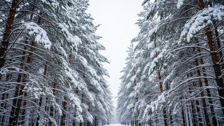 Snow covered pine trees in winter forest. Beautiful winter landscape with snow covered trees.の素材