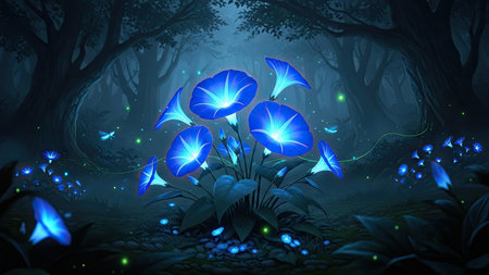3d illustration of blue flowers in the dark forest with neon lightsの素材