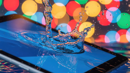Water splash on smart phone with bokeh background,concept of technologyの素材