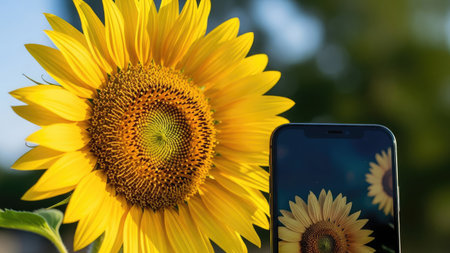 Close up of a sunflower and a smartphone in the field.の素材