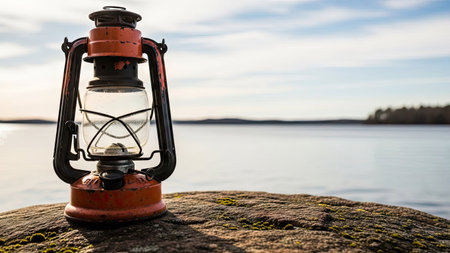 Lantern on a rock by the lake, Lake of the Woods, Ontario, Canadaの素材