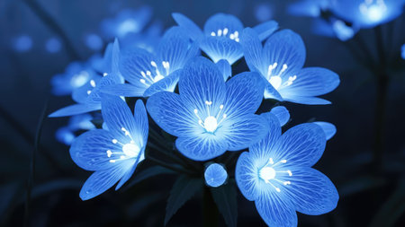 Blue hydrangea flowers on a dark background, close-upの素材