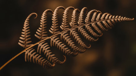 Close up of a fern leaf on a brown background with copy spaceの素材