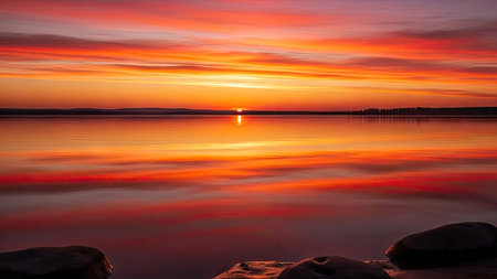 beautiful sunset over the lake with reflection in water. long exposureの素材