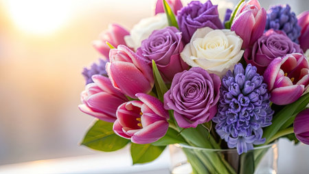 Bouquet of tulips and hyacinths in a vase.の素材