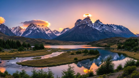 Patagonia landscape at sunrise, Torres del Paine National Park, Chileの素材