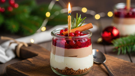 Christmas panna cotta with cranberries and cinnamon in a glass jarの素材