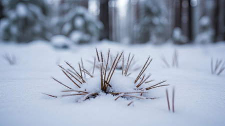 Snow covered pine tree branches in the forest. Winter landscape. Shallow depth of field.の素材