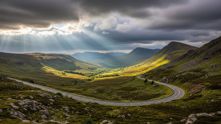 Beautiful landscape image of a mountain road in Scotland under cloudy skyの素材