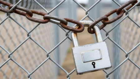 Padlock on chain link fence, close-up, security conceptの素材