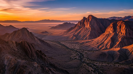 Beautiful sunset in the desert mountains. Panoramic view.の素材