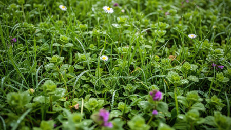 Green grass with small flowers in the garden. Selective focus.の素材