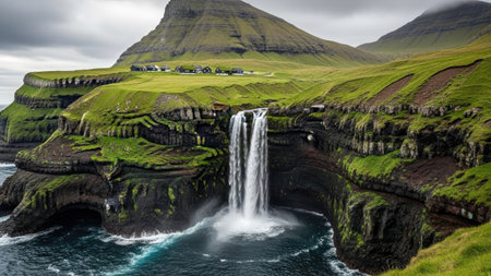 Skogafoss waterfall in the Faroe Islands, Denmark.の素材