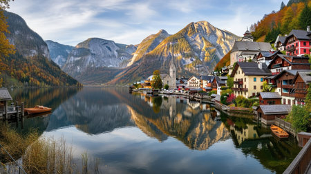 Panoramic view of Hallstatt village in autumn, Austriaの素材