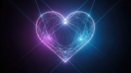 Glowing heart with light rays on dark background. 3D renderingの素材
