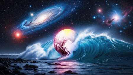 Surfing ocean wave with planet and stars. 3d rendering.の素材