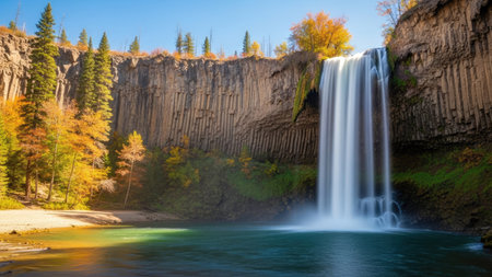 Beautiful waterfall in the autumn forest. Panoramic view.の素材