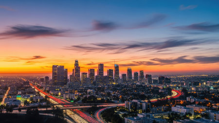 Aerial view of highway traffic and cityscape at sunset in Seoul, South Koreaの素材