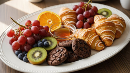 Breakfast with coffee, croissants and fruits on wooden tableの素材