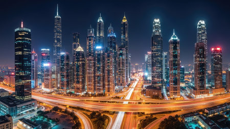 Aerial view of Dubai downtown at night, United Arab Emirates.の素材