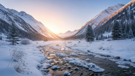 Mountain river at sunset. Beautiful winter landscape in the mountains.の素材