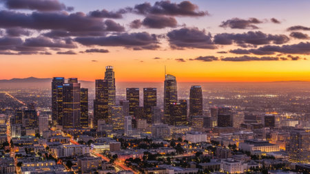 Aerial view of downtown Los Angeles at sunset, California, USA.の素材