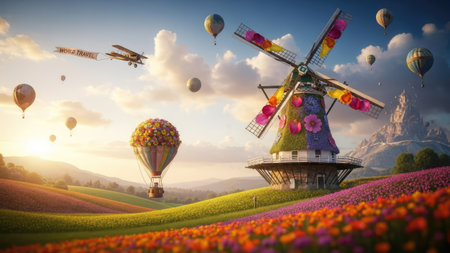 Colorful tulip flower field with windmill and hot air balloons.の素材