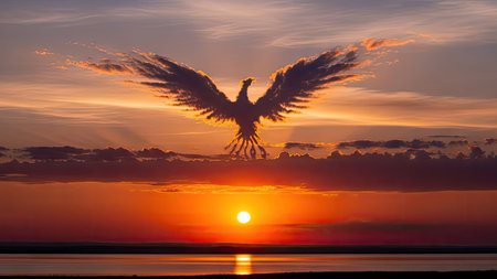 Silhouette of an eagle on a background of a beautiful sunsetの素材