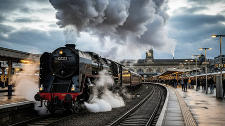 Steam train at London railway stationの素材