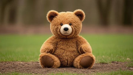 Teddy bear sitting on the ground in the park and looking at the cameraの素材