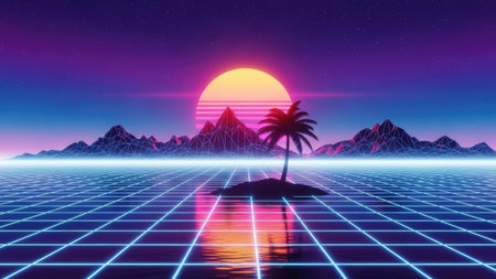 80s Retro Sci-Fi Landscape with Sunset and Palm Tree. 3d Renderingの素材