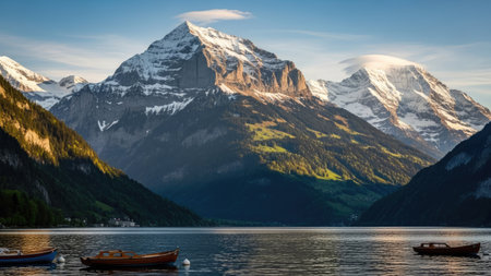 Panoramic view of Lake Lucerne and the Matterhorn, Switzerlandの素材