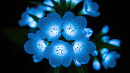 Blue flowers with water drops on a black background. Shallow depth of fieldの素材