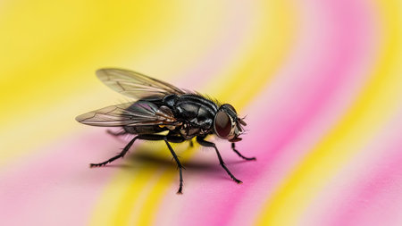 Fly on a colorful background. Macro photography of a fly on a colorful background.の素材