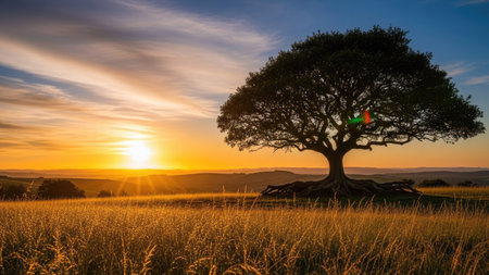 Lonely tree in the meadow at sunset, panoramaの素材