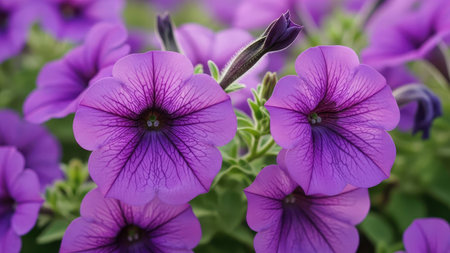 Purple petunias in the garden, close-up.の素材