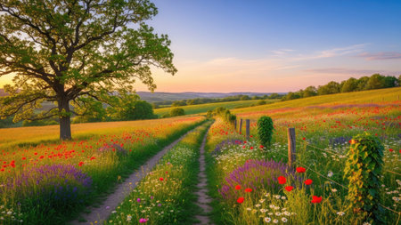 Sunset in a meadow with poppies and other flowersの素材
