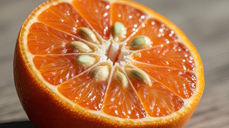 Half of a red grapefruit close-up on a wooden backgroundの素材